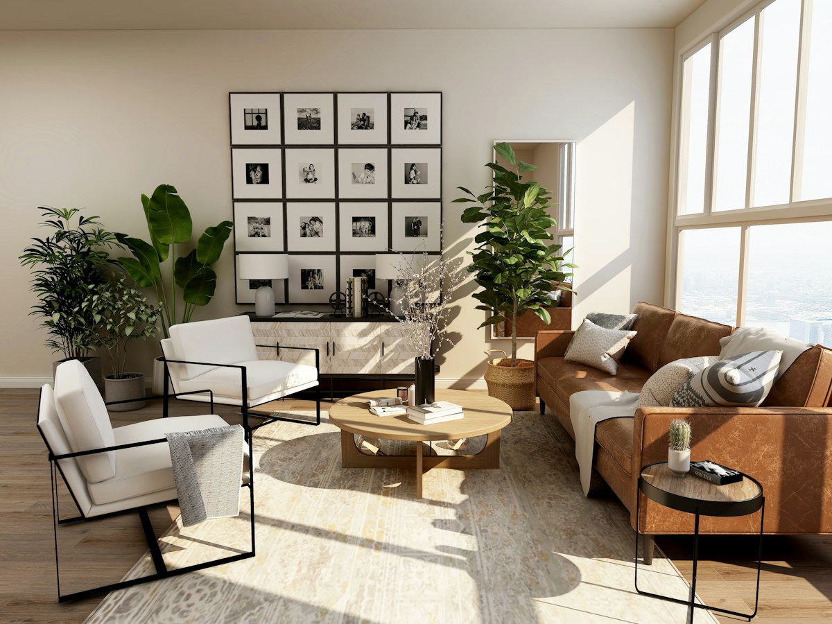 A warm, sunlit living room with natural textures, plants, and comfortable seating